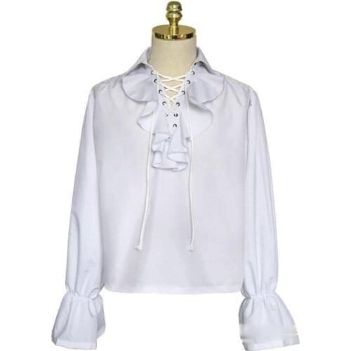 New Style Medieval Cosplay Renaissance Lacing Up Shirt Tops for Adult Women Men Larp Vintage Costume Fluffy Long Sleeve Costume