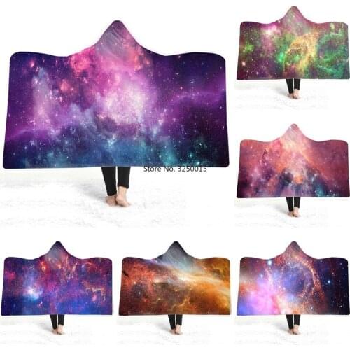 Cosmic Galaxy 3D Print Hooded Blanket Adult Child Wool Winter Warm Sofa School Home Travel Picnic Carrying Wearable Blanket