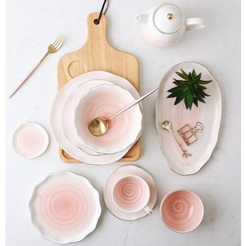 Bandhnu Flat Plate Soup Rice Bowl Dinner Dishes Bone China Breakfast Plate Food Tray Fruit Round Plate Coffee Teapot Cups 1pcs