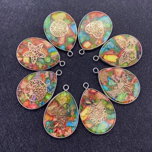 Natural Semi-precious Stone Pendant Teardrop Shape Single Hole Turquoise Pendant with Metal Sheet for DIY Necklace Making 23x35