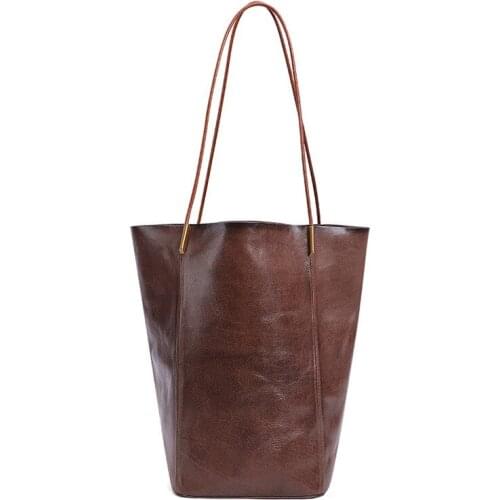 Casual Simple Genuine Leather Shoulder Shopping Bags Women Fashion Bucket Bag Large Capacity Womens Portable Bag Handbag Female