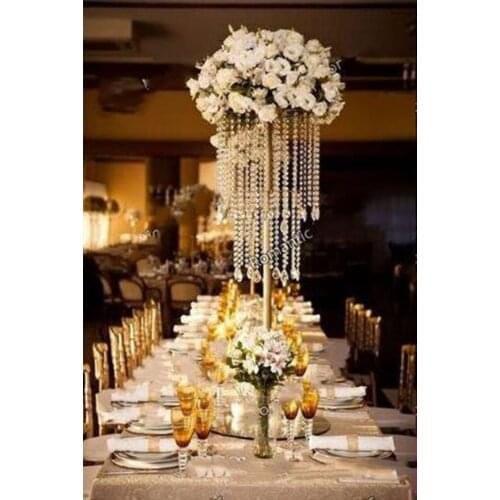 Gold Silver plated Wedding Centerpiece Acrylic Bead Strands 60cm Tall Acrylic Crystal Flower Stand For Wedding Table Decor