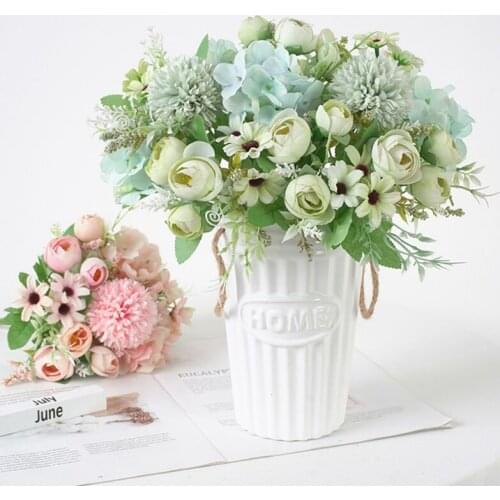 Rose Artificial Silk Flowers High Quality Bouquet 15 Heads Fake Flowers Daisy Bud Decoration For Wedding Home Foam Accessories