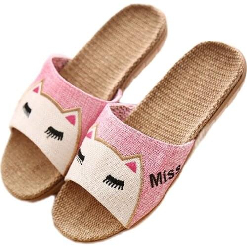 Suihyung Flax Slippers Women Summer Beach Shoes Cute Cat Flip Flops Breathable Slides Woman Indoor Linen Slippers Female Sandals
