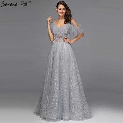 Real Photo Grey A-Line Sexy Evening Dresses 2019 Short Sleeves Beading Tassel Evening Gowns Serene Hill DLA70112