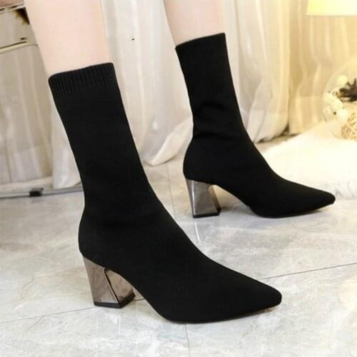 Women Black Ankle Sock Boots 2020 Fashion Spring Autumn Stretch Boots Chunky High Heels Pointed Toe Women Shoes 1218