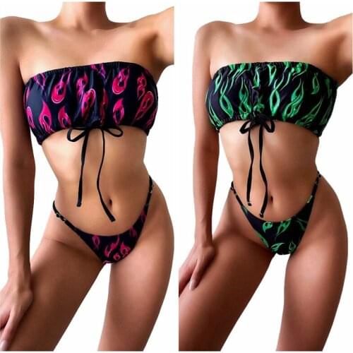 Bikini Women Two Piece Printed Swimsuit Off Shoulder Bandeau Tube Tops and Panty Bottoms Maillot De Bain Femme 2021 Beachwear