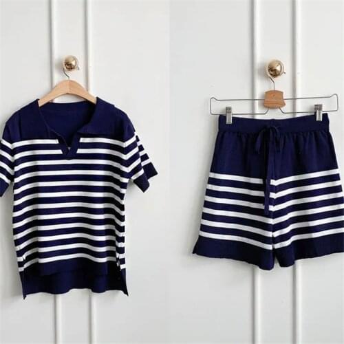 Korean Stripe Shorts Knit Two-Piece Suit Women Turn-Down Collar Short Sleeve T-Shirt Elastic Waist Short Pants Summer Tracksuit
