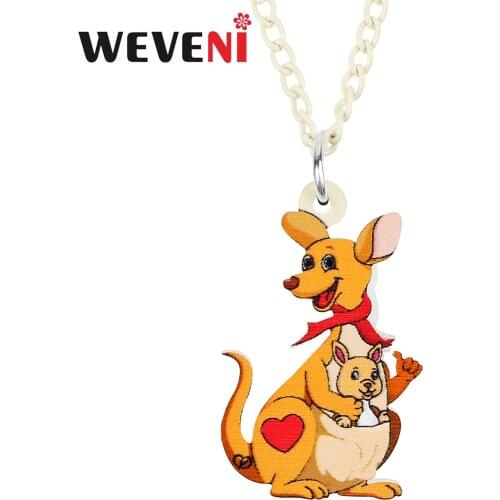 WEVENI Mothers Day Acrylic Cute Cartoon Heart Kangaroos Necklace Pendant Fashion Long Chain Jewelry For Women Girl Charms Gift