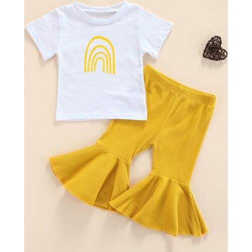 0-4Years Kids Baby Girl Summer Outfits Casual Rainbow Print Short Sleeve T-Shirt+Ruffles Flared Pants Infant Girl Clothes Sets