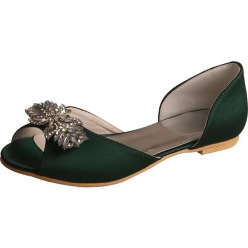 23 Colors Crystal Womens Flat New Peep Toe Emerald Green Satin Flat Wedding Shoes for Bride