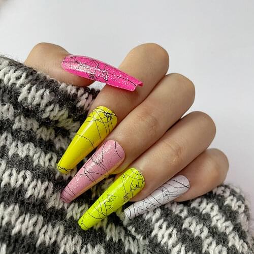 30pcs Black Line Brushed Ballet Coffin Fake Nails Glitter Powder Solid Color ABS Plastic Press On False Nails Tips Cute Nail Art