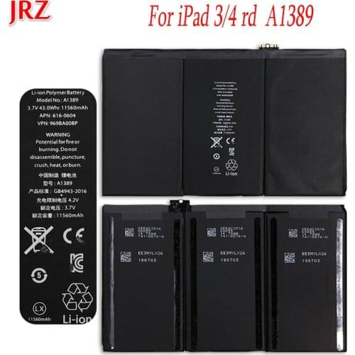 JRZ 11560mAh For iPad 3/4 rd A1403 A1416 A1430 A1433 A1459 A1460 A1389 battery For iPad 3/4 rd Replacement Laptop Batteries