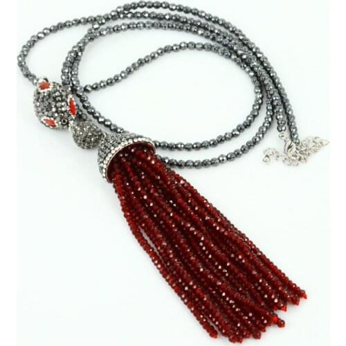 Bohemia wine red glass beaded tassel pendant cutted natural black hematite beads chain rhinestone connector necklace for women