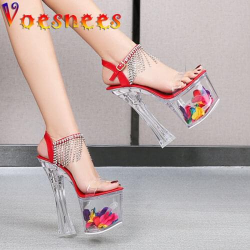 Voesnees Women Shoes Transparent Platform High Heel Crystal Sparkling Tassel Drill Sandals Nightclub Ladies Party Wedding Shoes