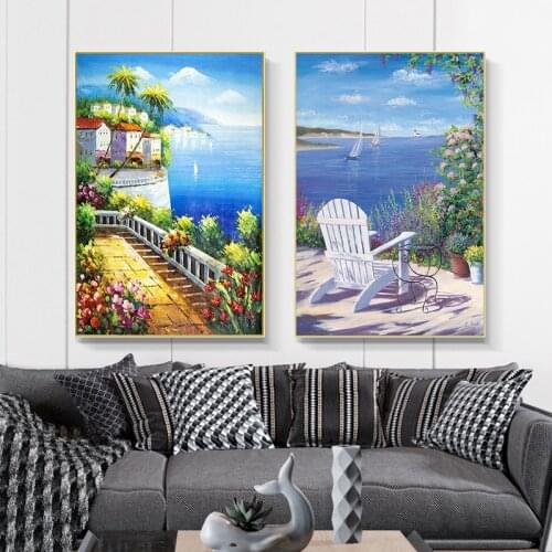 Flower Landscape Poster and Prints Mediterranean Sea Garden Oil Painting on Canvas Wall Art Picture Home Decoration Room Decor
