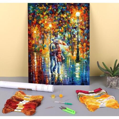 Rainy Evening Printed Canvas 11CT Cross-Stitch Patterns DIY Embroidery DMC Threads Craft Handmade Hobby Needlework Decor