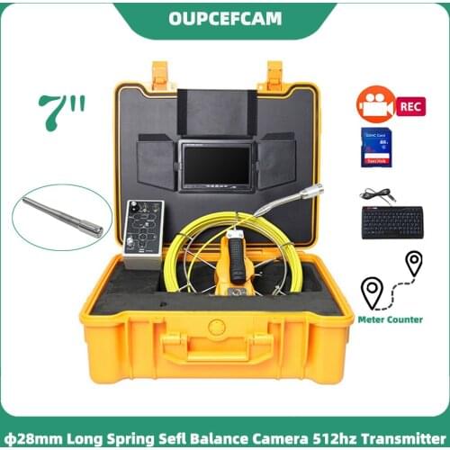 28mm Long Spring Self Balance 512hz Camera Drain Pipe Inspection Endoscope 7" Screen DVR Keyboard Meter Counter Yellow Case