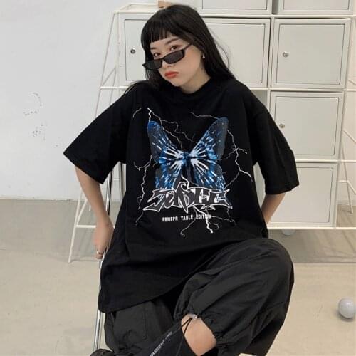 Woman Cotton Tshirts Harajuku Butterfly Print y2k Tops Aesthetic Vintage Femme T-shirts Korean Style Oversized Tshirt