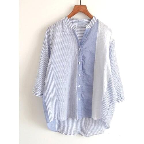 Cotton Linen 100% Striped Women Shirts Sumemr Vintage 2021 V-Neck Half Sleeved Loose Casual Female Outwear Coats Tops