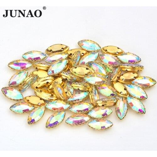JUNAO 50pcs 8mm Horse Eye Crystal AB Sew On Rhinestones With Gold Claw Applique Glass Flatback Sewing Stone for Clothing Crafts