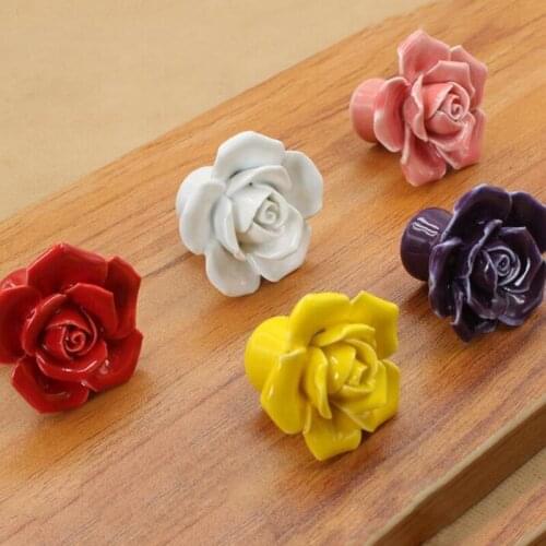 Rose Flower Ceramic Drawer Door Knobs Rural Cabinet Cupboard Handles Fashion Furniture Handles Kitchen Cupboard Hardware