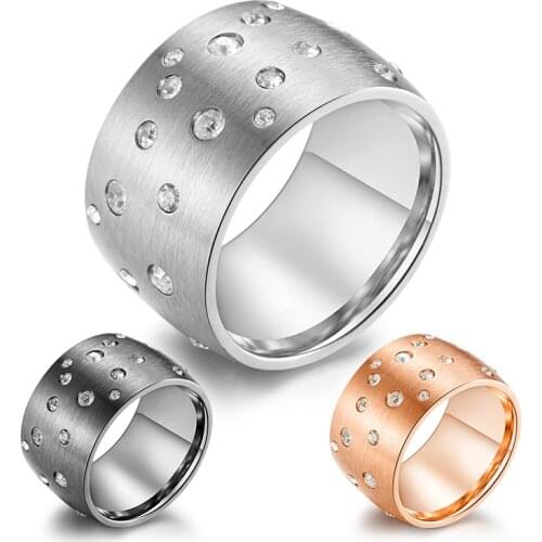 Star-filled Cubic Zirconia Matte Finish Wiredrawing Stainless Steel Ring for Women and Men Romantic Shiny CZ Stone Jewelry 14mm