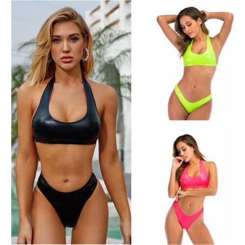 Swimsuit Pu Tight Split Triangle Bikini Bra and Panty Set Bathing Suit Solid Low Waist Sexy Swimwear Women Faux Leather