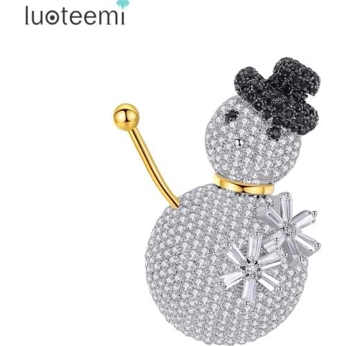 LUOTEEMI New Winter Jewelry Micro Paved Tiny Shining CZ Crystal Black Hat Snowman Shape Brooch Pin for Women Girl Christmas Gift
