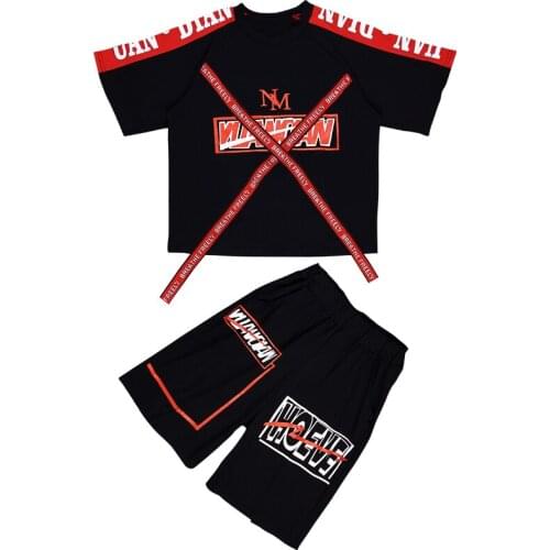 Big Boys Fashion Summer Sets Crossing Belts Letters Print Loose Fit T-shirts+Shorts 2PCS Clothing Sets Hip Hop Dancer Sets