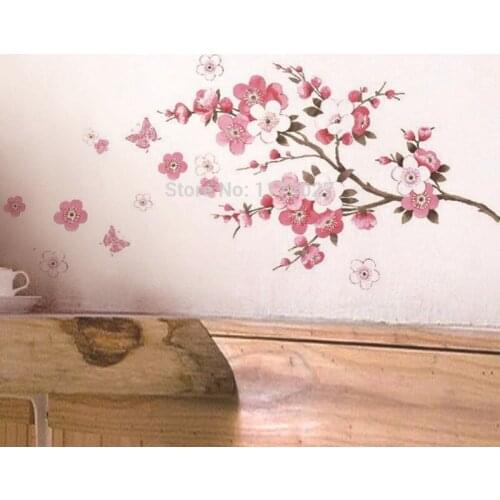 Wall Stickers Bedroom Kids Room DIY Peach Blossom Flower Butterfly Vinyl Art Decals Mural Romantic Flora Home Decor Accessories