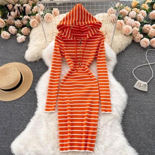 YuooMuoo Stripes Print Women Long Sleeve Sweatshirt Dress Hooded Bodycon Sexy Streetwear 2021 Autumn Winter Casual Knit Dress