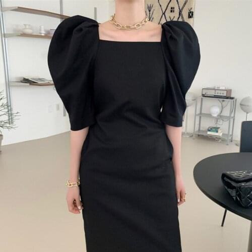 Summer Women Korean Chic Square Collar Puff Sleeve Dress Elegant Female High Waist Split Dress Sexy Ladies Sheash OL Work Dress