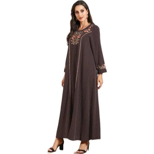 Dresses Closed Abaya Ladies for Dubai Women Mc9758 Large Womens Fashion Spring Autumn Black Print Stitching Embroidery Sleeve C