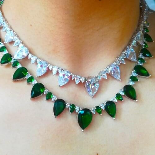 Luxury Exquisite Trendy Shiny Green Clear Necklace Bracelet Jewelry for Women Girl Bridal Wedding Full Shiny CZ 2020