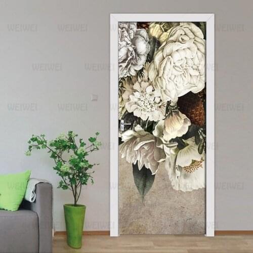 DIY Self Adhesive Door Stickers 3D Embossed Vintage Rose Decals For Living Room Bedroom Door Decor PVC Waterproof 3D Wallpaper
