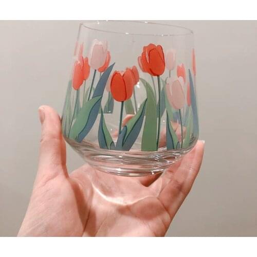 Korea Ins Style Hand-Painted Tulip Flower Glass Cup Coffee Juice Milk Dessert Cup Heat-resistant Drinking Cup Belly Mousse cup