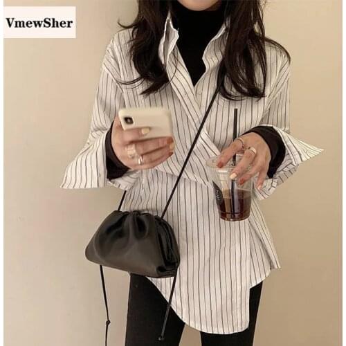 VmewSher New Spring Summer Women Shirt Strip Irregular Turn Down Collar Long Sleeve Lady Stylish Button Cross Style Elegant Tops