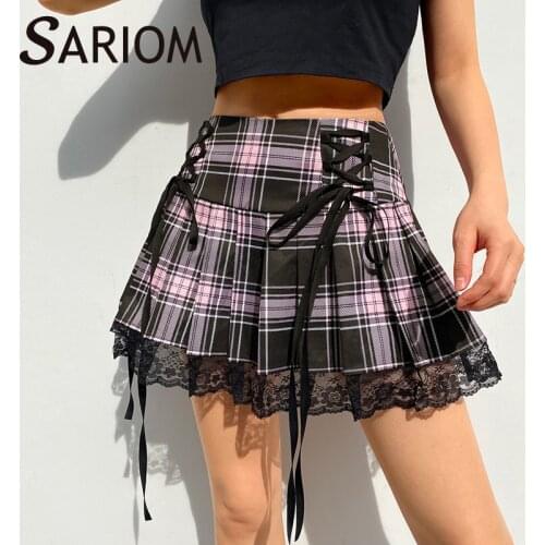 Pink Stripe Plaid Lace Trim Pleated Skirts Tie Up Harajuku Bandage Aesthetic Goth Patchwork Checkered Woman Skirt Falda Tableada