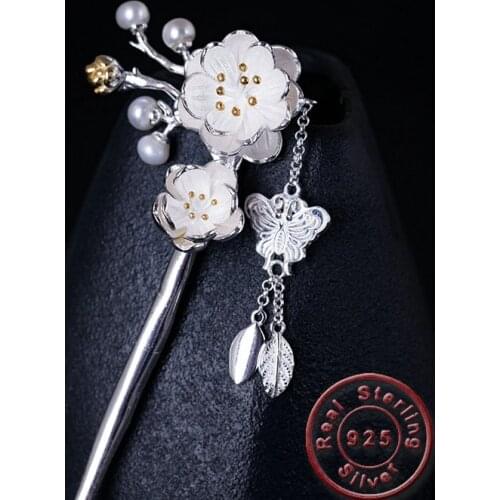 Amxiu Handmade Freshwater Pearls Hairpins 925 Sterling Silver Hair Jewelry Plum Flower Butterfly Tassel Hair Sticks Accessories