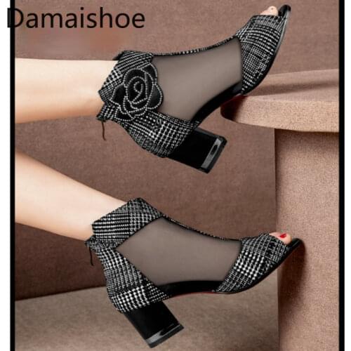 Spring and Summer New fashion Womens Sandals Boots Ladies Mesh Peep Toe Sandal Mid Heel Chunky Heel Boot High Heels Pumps Women