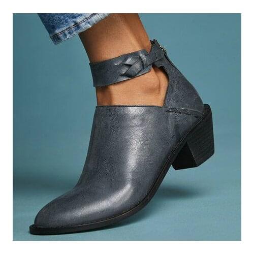 2022 Spring Summer High Quality Cut Out Women Booties Chunky High Heels Buckle Strap Short Ankle Boots Causal Punk Botas Mujer