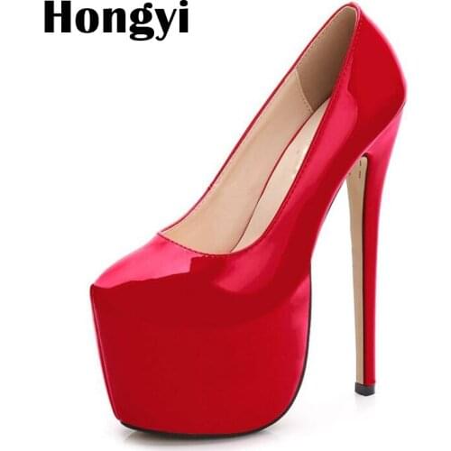 Fantastic Designer Thick Platform 18cm Patent Leather Thin High Heel Dress Shoes Women Stiletto Heels Big Size 44 Plus
