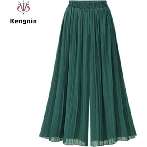 2021 Summer European Style Plus Size 4XL Pleated Women Wide Leg Pants Loose Chiffon Anklet Length Elastic Waist Trousers KN109