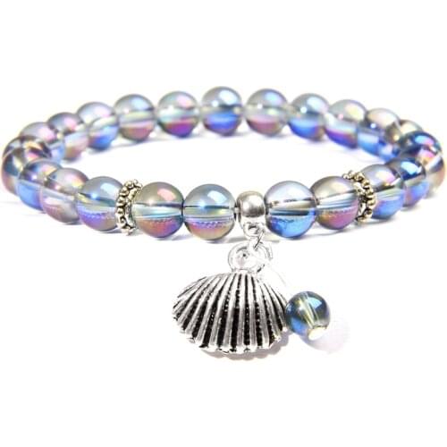 Rainbow Aura Blue Moonstone Bracelet Women Jewelry Shell Bracelet Silver-plated Flower Bangle For Girls Energy Armband Браслеты