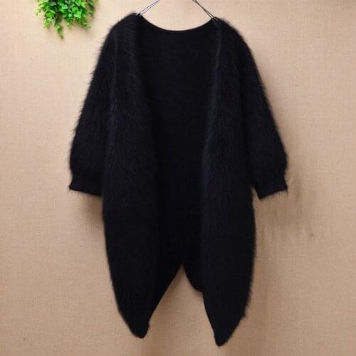 Ladies women plush medium long hairy mink cashmerel knitted half sleeves loose cardigan sweater angora rabbit fur coat winter