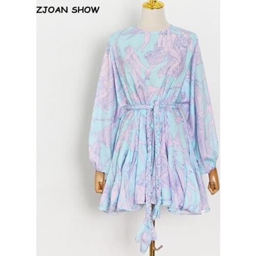 2021 Bohemian Rope Tie Bow Sashes Floral Print Short Women Dress Lantern Long Sleeve Swing Dresses Holiday Robe Beach Style