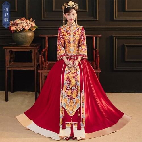 Women Mandarin Collar Phoenix Embroidery Cheongsam Wedding Dress Chinese Traditional Banquet Bride китайская одежда
