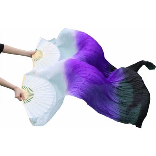 100% Silk Unisex High Quality Belly Dancing Fans 1 Pair Handmade Dyed Silk Belly Dance Props Long Fans White+Purple+Black Fans