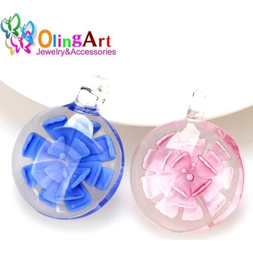 Free shipping Lamp work beads 1PCS 30MM Round Fantastic Starry pink/blue Flower shape Hand made glass Pendant DIY Jewelry making